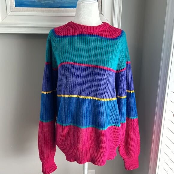 Vintage 90s Classic Fashion Striped Rainbow Sweater Medium - Picture 2 of 13
